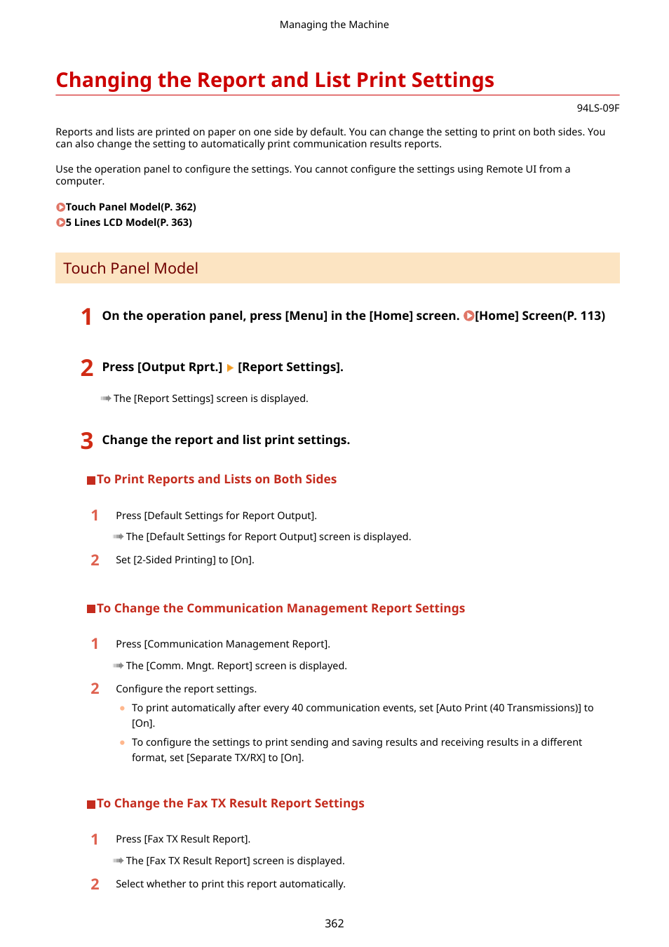 Changing the report and list print settings, Changing, The report and list print settings(p. 362) | Touch panel model | Canon imageCLASS MF275dw Wireless All-In-One Monochrome Laser Printer User Manual | Page 371 / 633