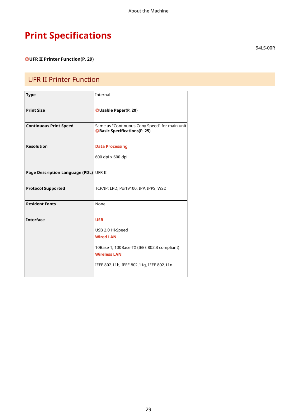 Print specifications, Print specifications(p. 29), Ufr ii printer function | Canon imageCLASS MF275dw Wireless All-In-One Monochrome Laser Printer User Manual | Page 38 / 633