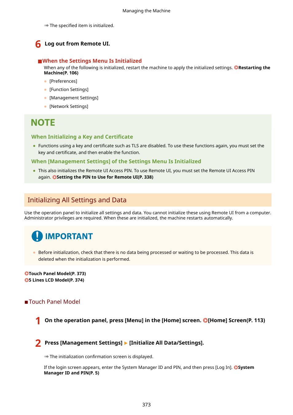 Initializing all settings and data(p. 373), Initializing all settings and data | Canon imageCLASS MF275dw Wireless All-In-One Monochrome Laser Printer User Manual | Page 382 / 633