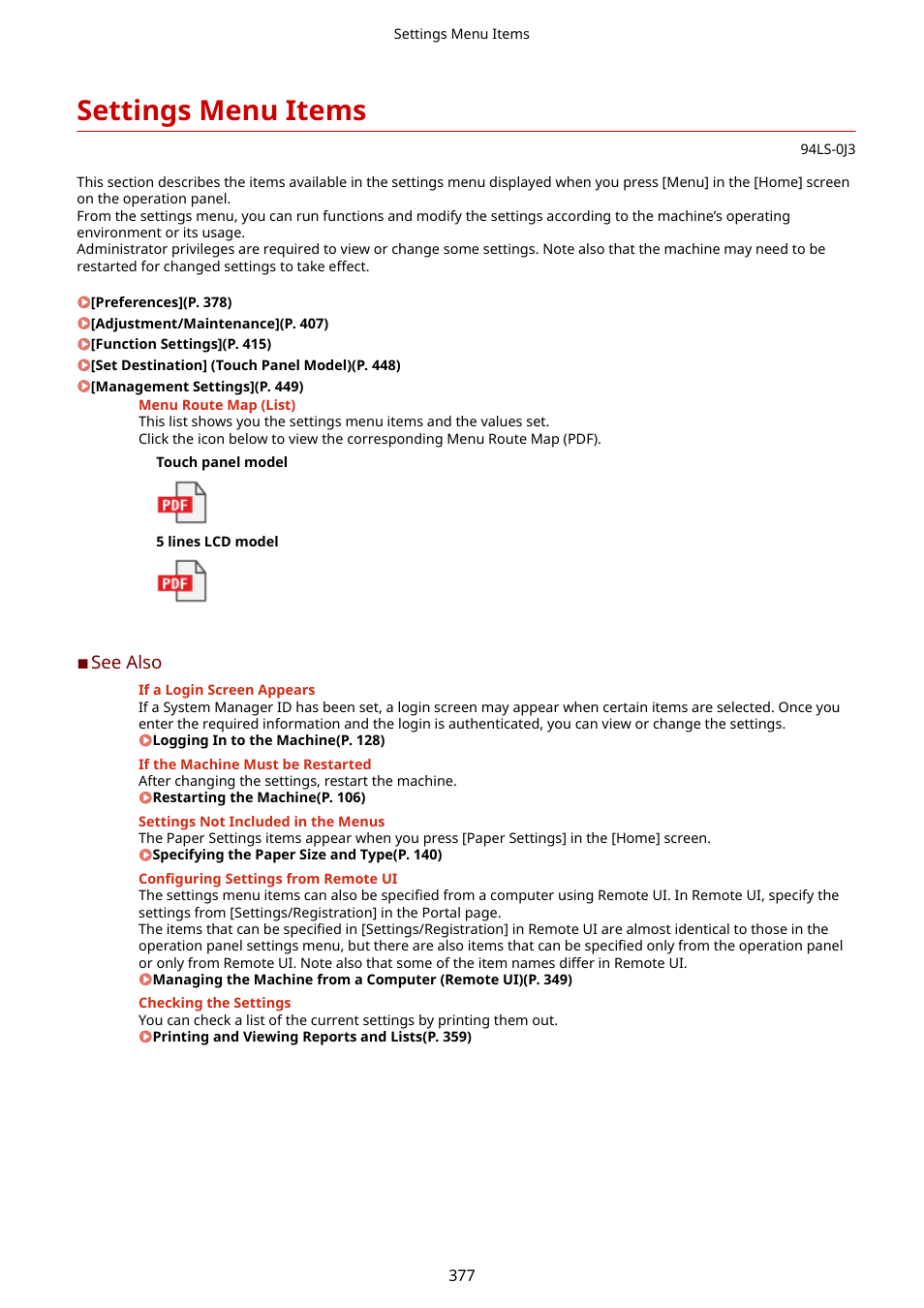 Settings menu items, Settings menu items(p. 377) | Canon imageCLASS MF275dw Wireless All-In-One Monochrome Laser Printer User Manual | Page 386 / 633