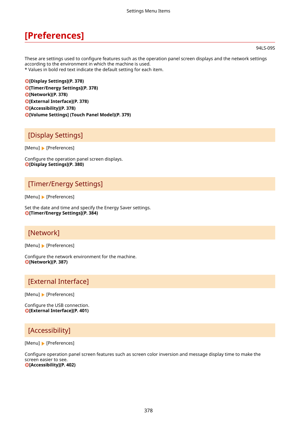 Preferences, Preferences](p. 378), Display settings | Timer/energy settings, Network, External interface, Accessibility | Canon imageCLASS MF275dw Wireless All-In-One Monochrome Laser Printer User Manual | Page 387 / 633