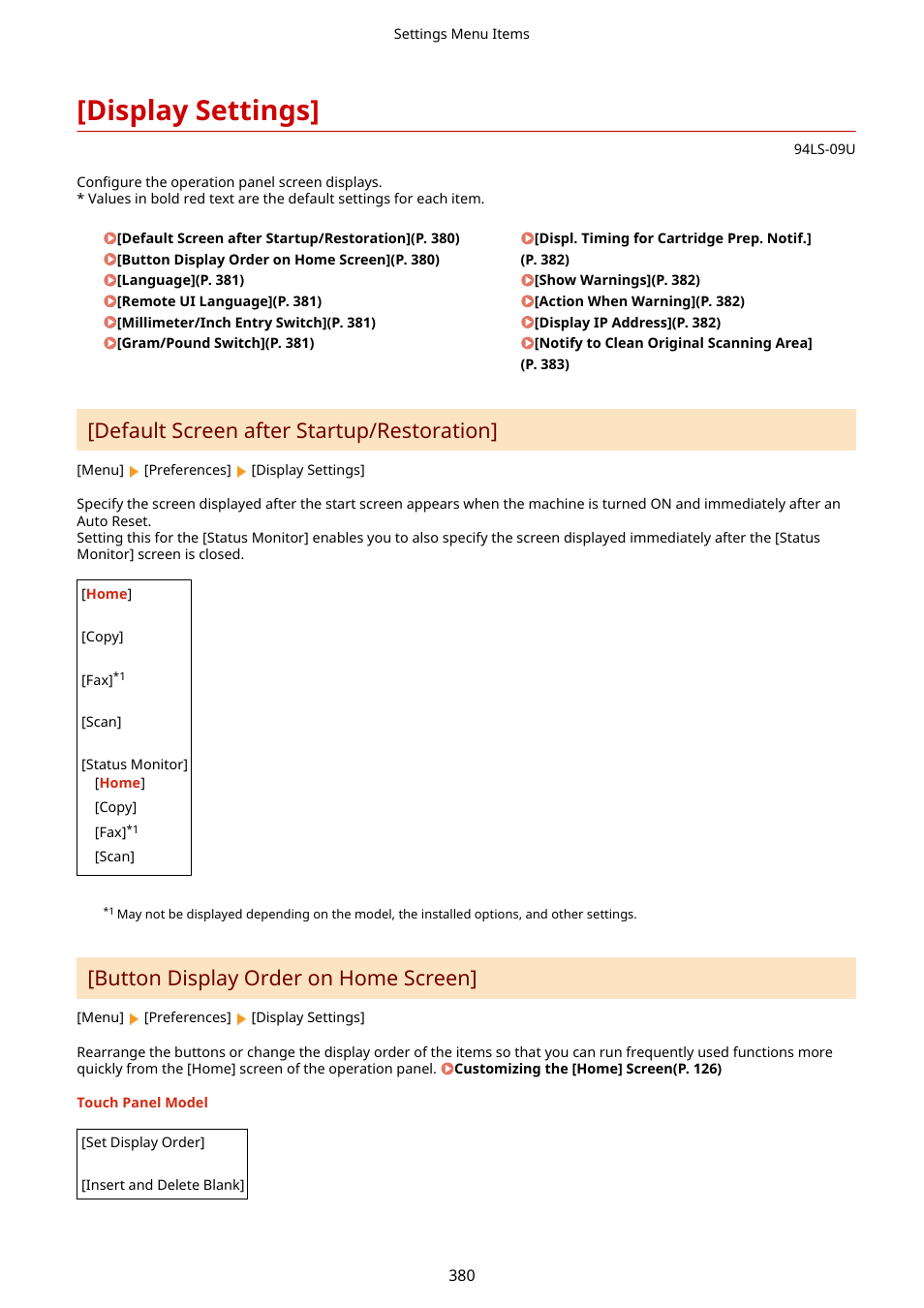 Display settings, Display settings](p. 380), Default screen after startup/restoration | Button display order on home screen | Canon imageCLASS MF275dw Wireless All-In-One Monochrome Laser Printer User Manual | Page 389 / 633