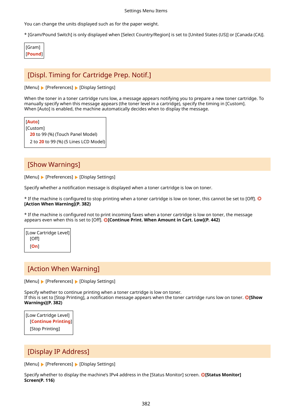 Displ. timing for cartridge prep. notif, P. 382), Show warnings | Action when warning, Display ip address | Canon imageCLASS MF275dw Wireless All-In-One Monochrome Laser Printer User Manual | Page 391 / 633