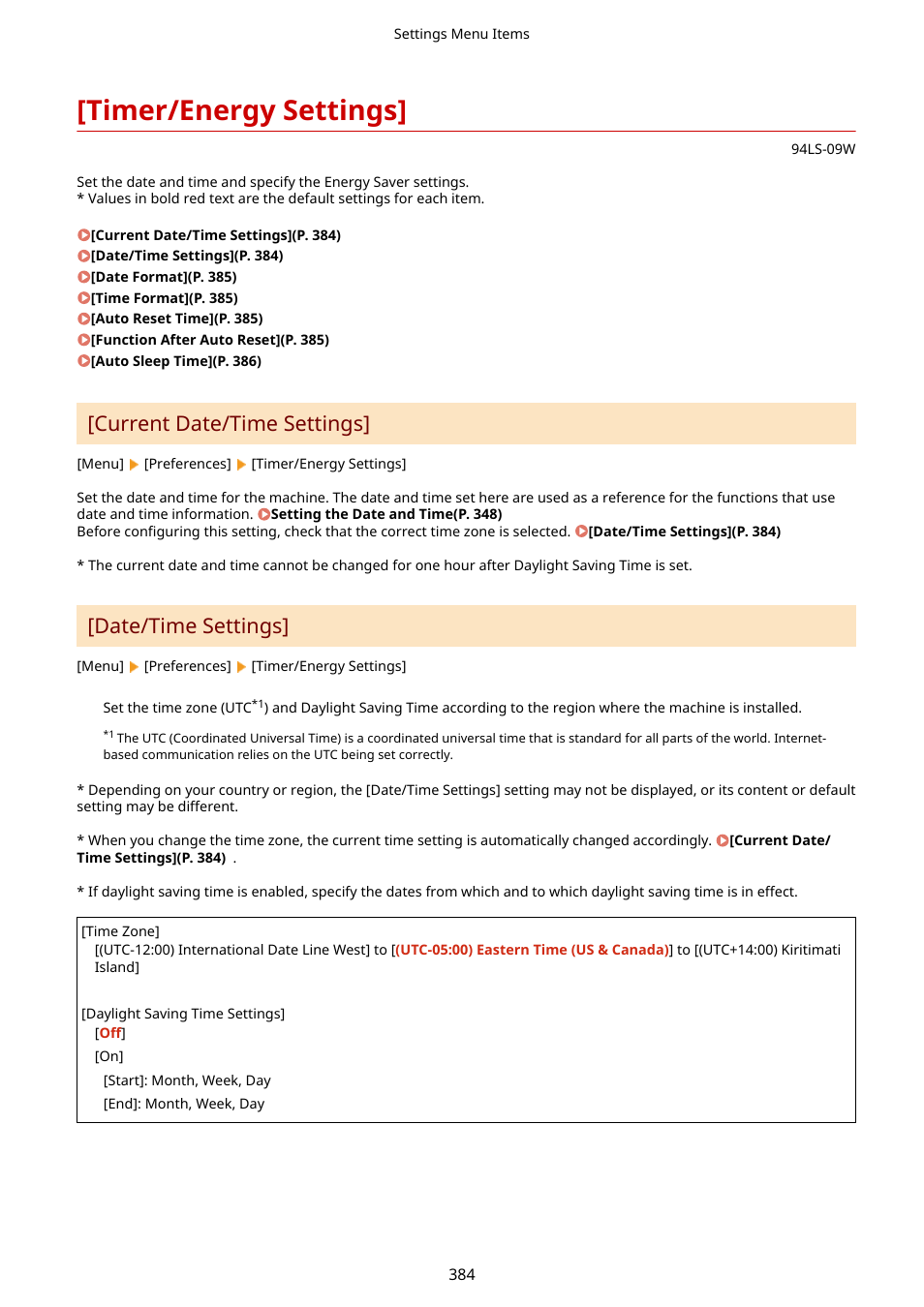 Timer/energy settings, Timer/energy settings](p. 384), Current date/time settings | Date/time settings | Canon imageCLASS MF275dw Wireless All-In-One Monochrome Laser Printer User Manual | Page 393 / 633