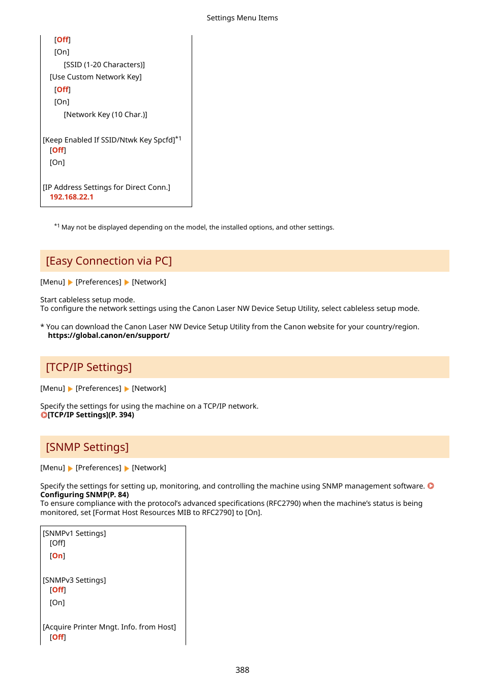 Easy connection via pc, Tcp/ip settings, Snmp settings | Canon imageCLASS MF275dw Wireless All-In-One Monochrome Laser Printer User Manual | Page 397 / 633