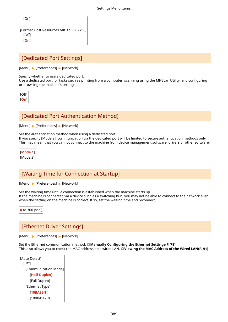 Ethernet driver settings](p. 389), Waiting time for connection at startup, P. 389) | Dedicated port settings, Dedicated port authentication method, Ethernet driver settings | Canon imageCLASS MF275dw Wireless All-In-One Monochrome Laser Printer User Manual | Page 398 / 633