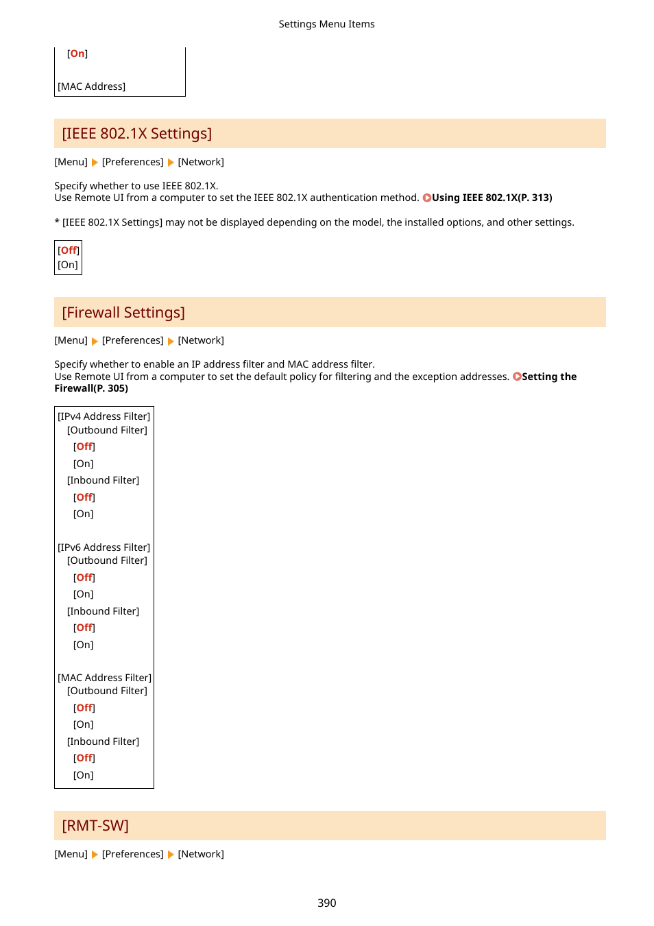 Firewall settings](p. 390), Ieee 802.1x settings, Firewall settings | Rmt-sw | Canon imageCLASS MF275dw Wireless All-In-One Monochrome Laser Printer User Manual | Page 399 / 633