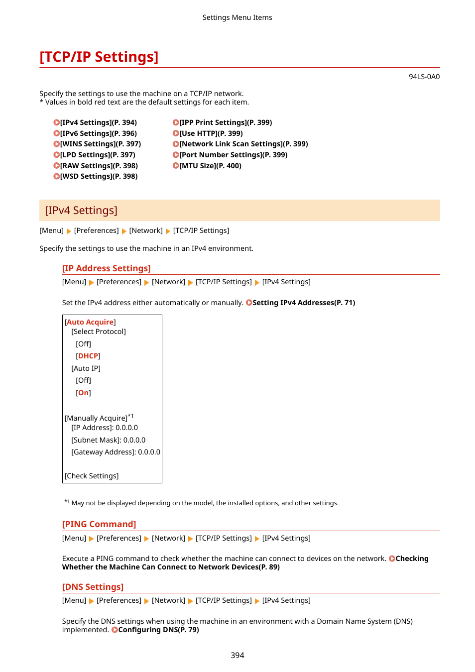 Tcp/ip settings, Tcp/ip settings](p. 394), Ipv4 settings | Canon imageCLASS MF275dw Wireless All-In-One Monochrome Laser Printer User Manual | Page 403 / 633