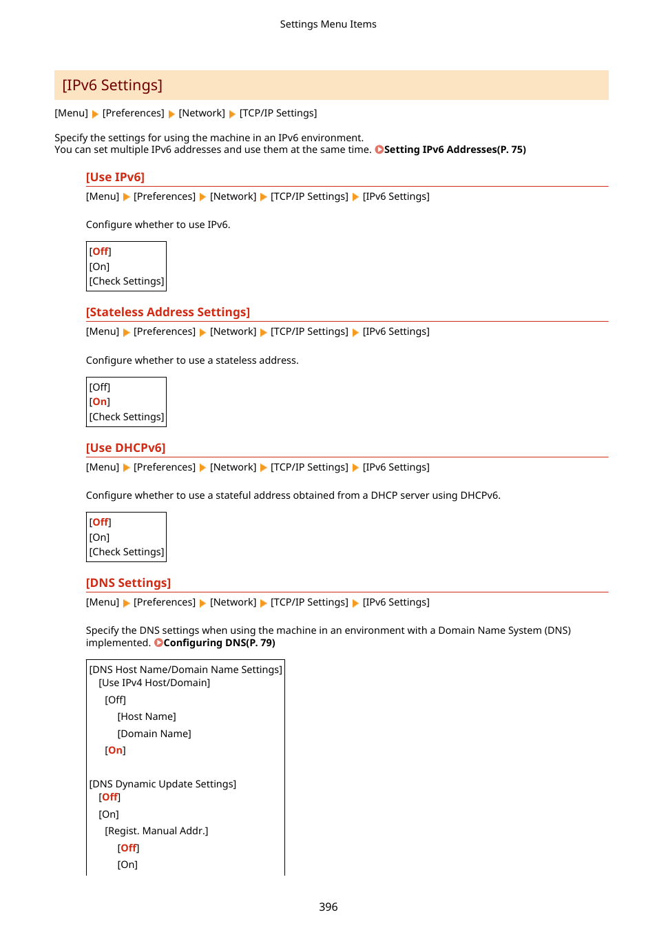 Ipv6 settings](p. 396), Ipv6 settings | Canon imageCLASS MF275dw Wireless All-In-One Monochrome Laser Printer User Manual | Page 405 / 633