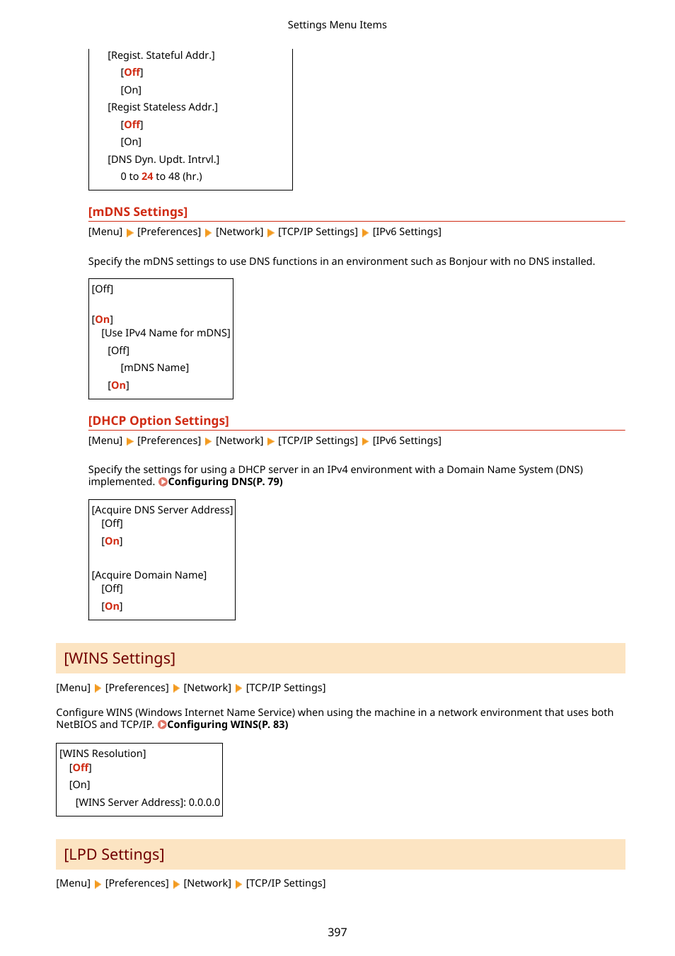 Wins settings](p. 397), Wins settings](p. 397) [lpd settings](p. 397), Wins settings | Lpd settings | Canon imageCLASS MF275dw Wireless All-In-One Monochrome Laser Printer User Manual | Page 406 / 633
