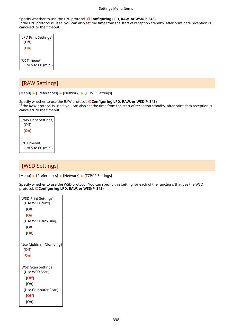 Raw settings](p. 398) [wsd settings](p. 398), Raw settings, Wsd settings | Canon imageCLASS MF275dw Wireless All-In-One Monochrome Laser Printer User Manual | Page 407 / 633