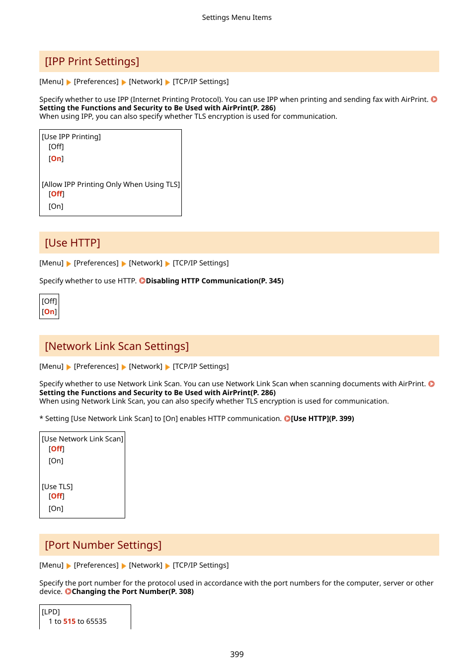 Use http](p. 399), Ipp print settings](p. 399), Network link scan settings](p. 399) | Port number settings](p. 399), Ipp print settings, Network link scan settings, Port number settings | Canon imageCLASS MF275dw Wireless All-In-One Monochrome Laser Printer User Manual | Page 408 / 633