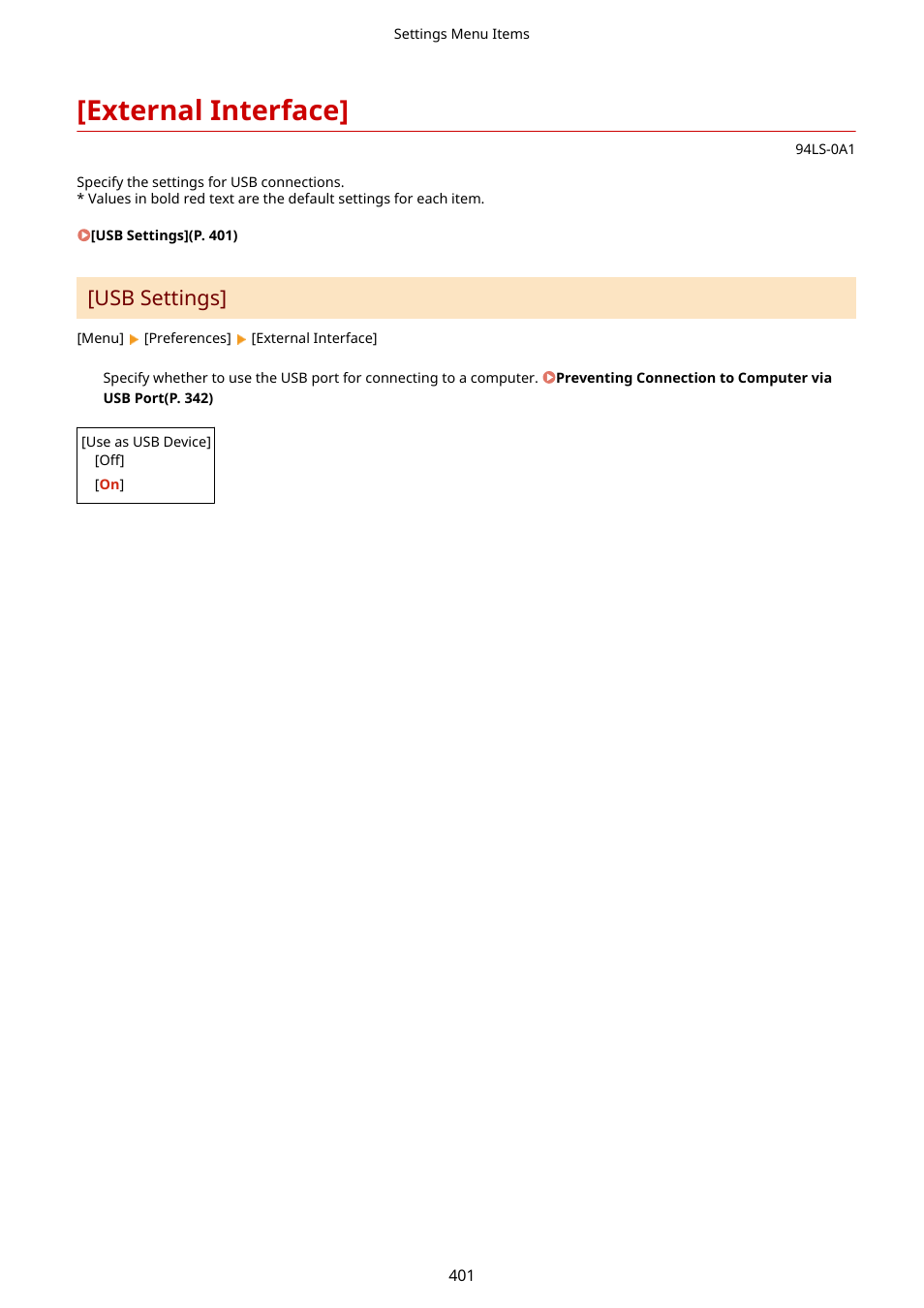 External interface, Usb settings](p. 401), External interface](p. 401) | Usb settings | Canon imageCLASS MF275dw Wireless All-In-One Monochrome Laser Printer User Manual | Page 410 / 633