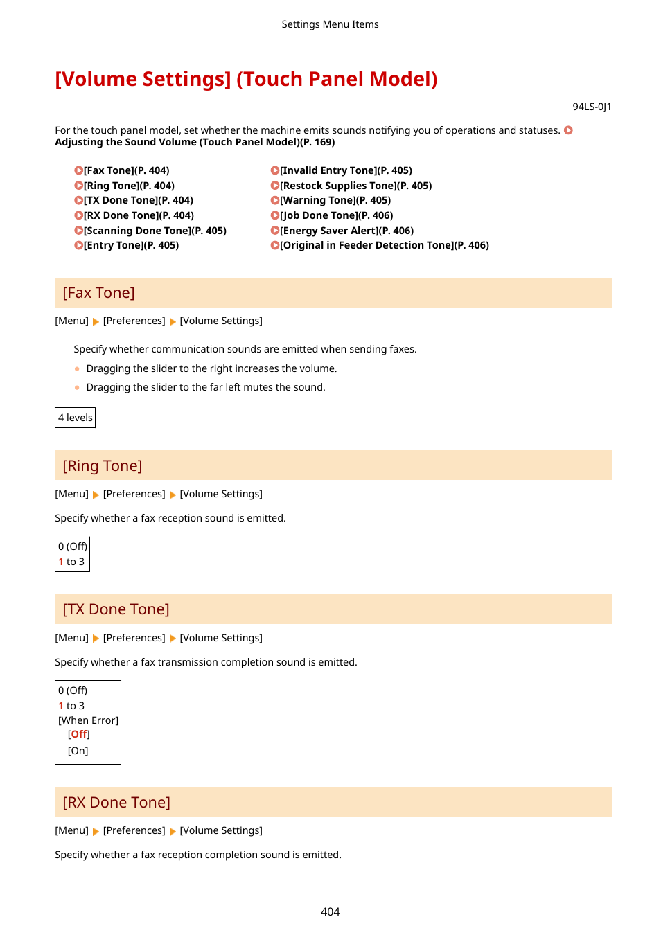 Volume settings] (touch panel model), Fax tone, Ring tone | Tx done tone, Rx done tone | Canon imageCLASS MF275dw Wireless All-In-One Monochrome Laser Printer User Manual | Page 413 / 633