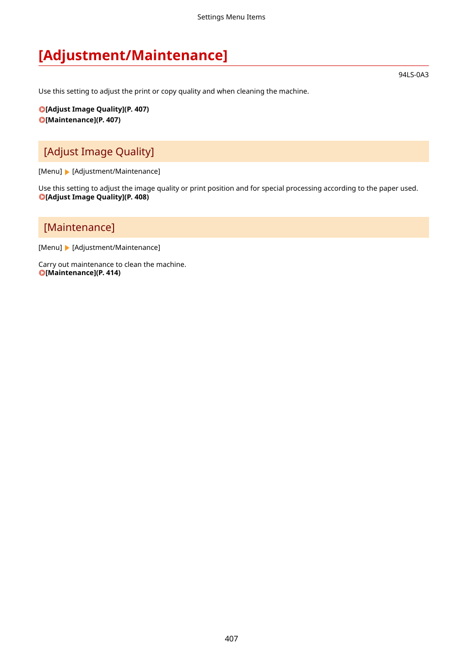 Adjustment/maintenance, Adjustment/maintenance](p. 407), Adjust image quality | Maintenance | Canon imageCLASS MF275dw Wireless All-In-One Monochrome Laser Printer User Manual | Page 416 / 633