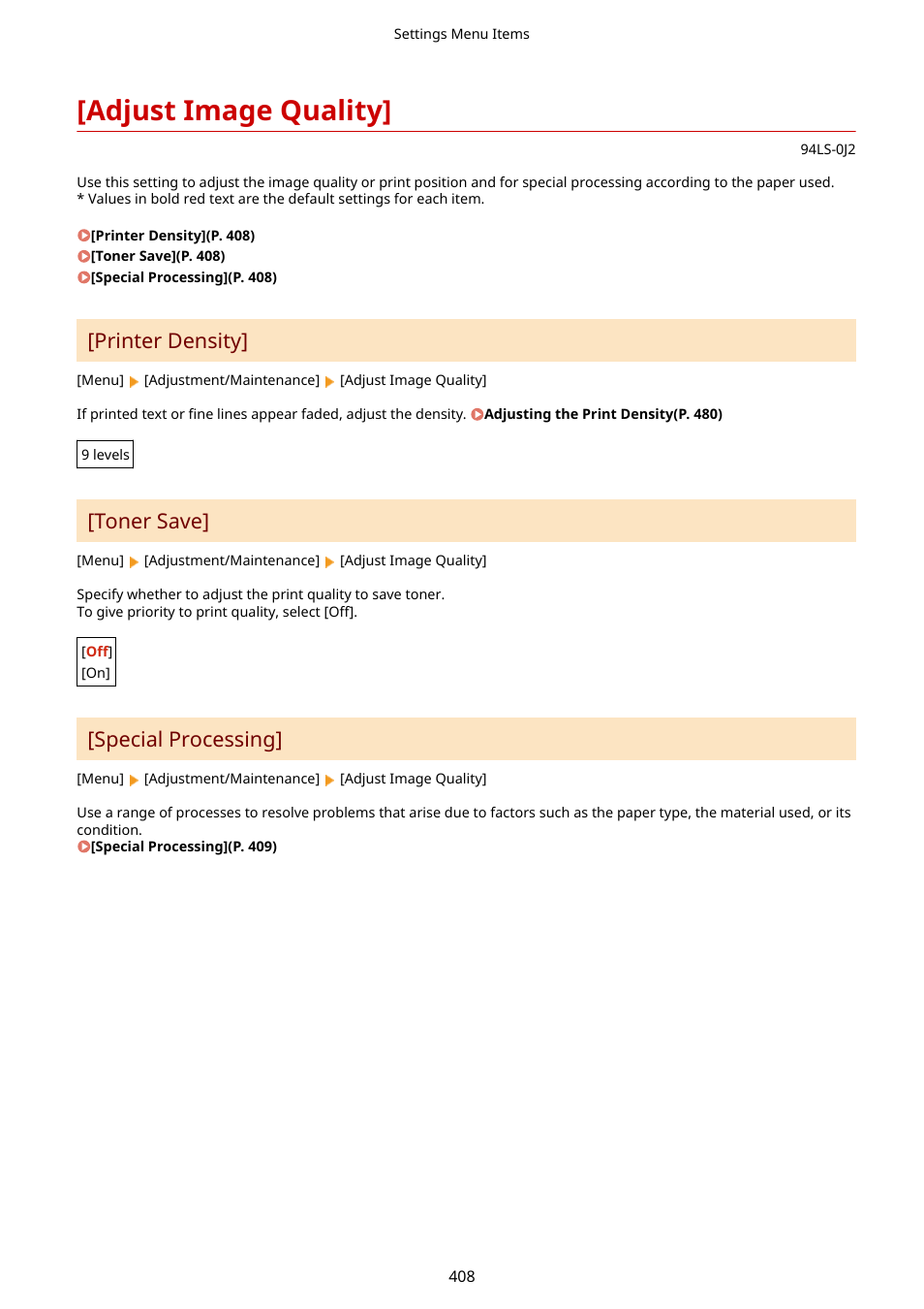 Adjust image quality, Printer density, Toner save | Special processing | Canon imageCLASS MF275dw Wireless All-In-One Monochrome Laser Printer User Manual | Page 417 / 633