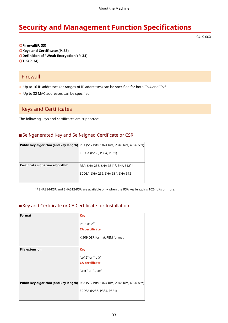 Security and management function specifications, Firewall, Keys and certificates | Canon imageCLASS MF275dw Wireless All-In-One Monochrome Laser Printer User Manual | Page 42 / 633