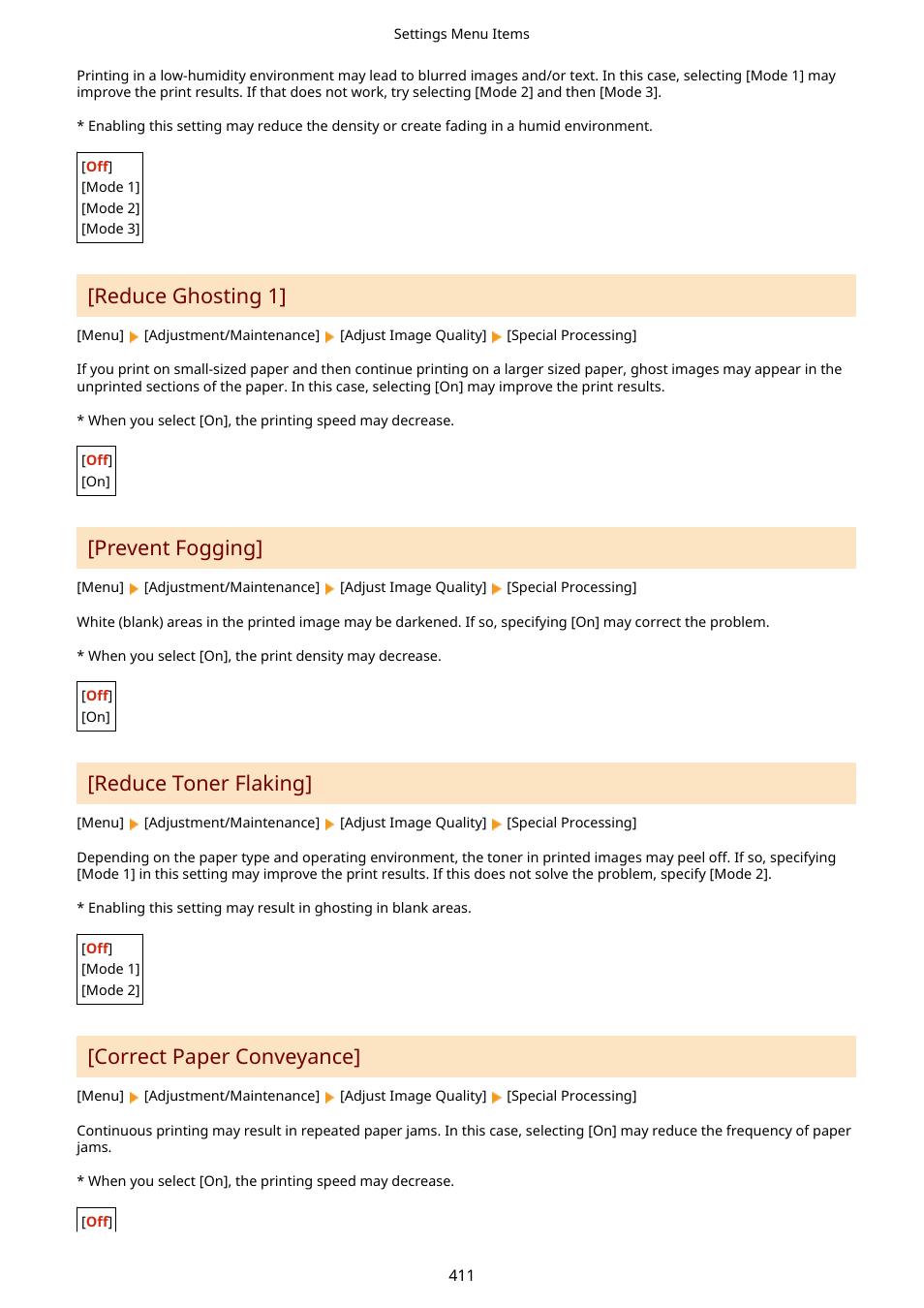 Correct paper conveyance](p. 411), Reduce ghosting 1, Prevent fogging | Reduce toner flaking, Correct paper conveyance | Canon imageCLASS MF275dw Wireless All-In-One Monochrome Laser Printer User Manual | Page 420 / 633