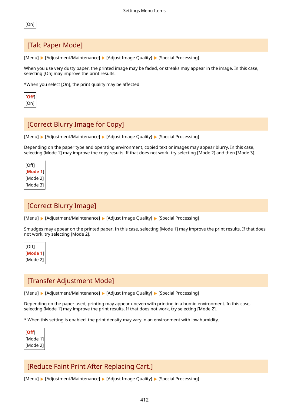 Talc paper mode, Correct blurry image for copy, Correct blurry image | Transfer adjustment mode, Reduce faint print after replacing cart | Canon imageCLASS MF275dw Wireless All-In-One Monochrome Laser Printer User Manual | Page 421 / 633