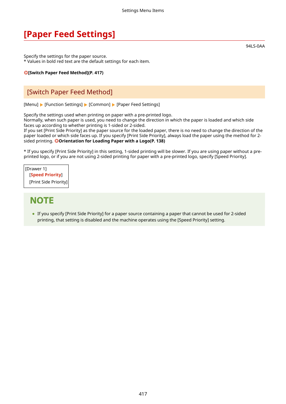 Paper feed settings, Paper feed settings](p. 417), Switch paper feed method | Canon imageCLASS MF275dw Wireless All-In-One Monochrome Laser Printer User Manual | Page 426 / 633