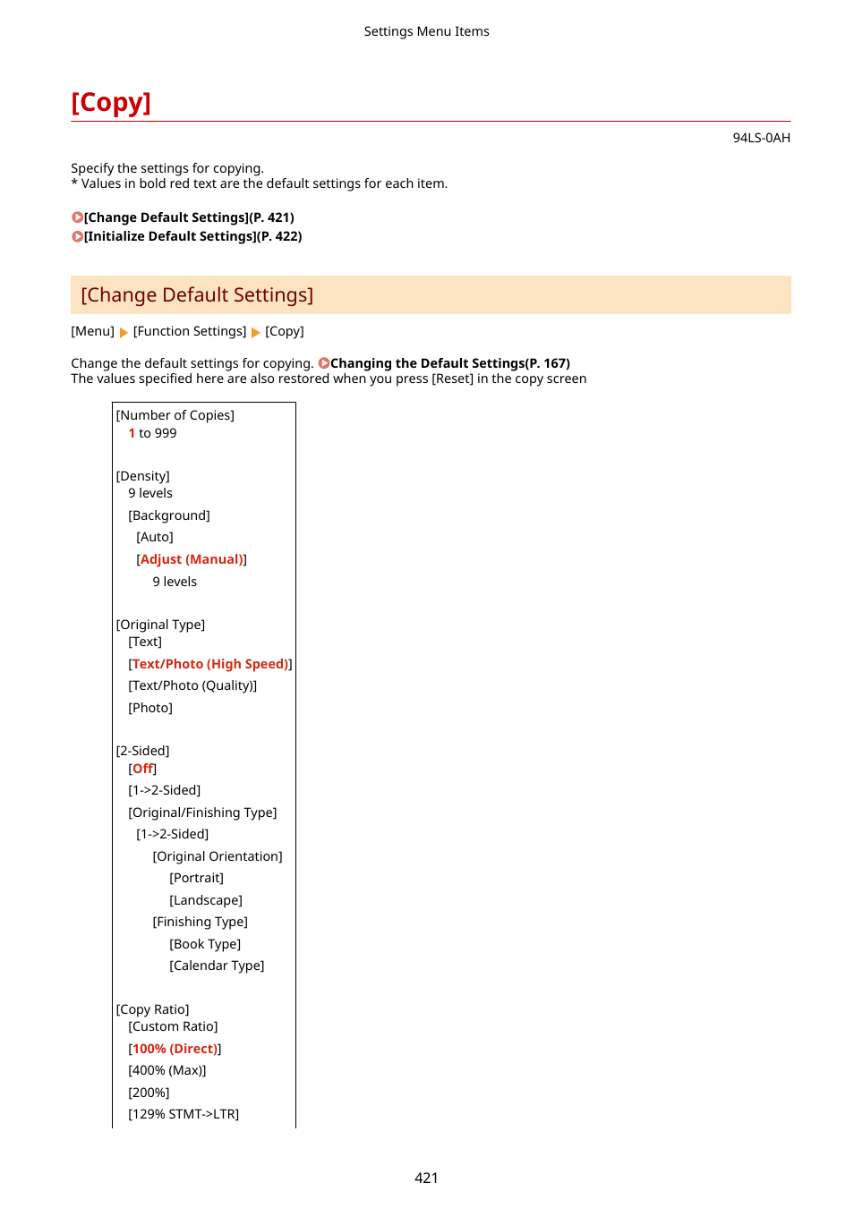 Copy, Change default settings](p. 421), Copy](p. 421) | Change default settings | Canon imageCLASS MF275dw Wireless All-In-One Monochrome Laser Printer User Manual | Page 430 / 633