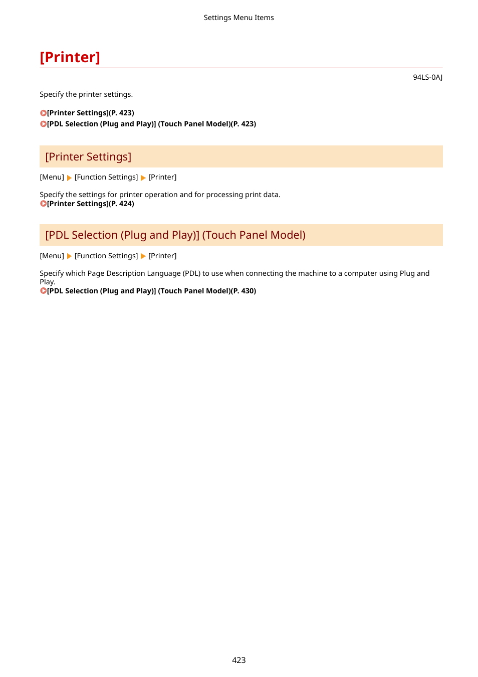 Printer, Printer](p. 423), Printer settings | Pdl selection (plug and play)] (touch panel model) | Canon imageCLASS MF275dw Wireless All-In-One Monochrome Laser Printer User Manual | Page 432 / 633