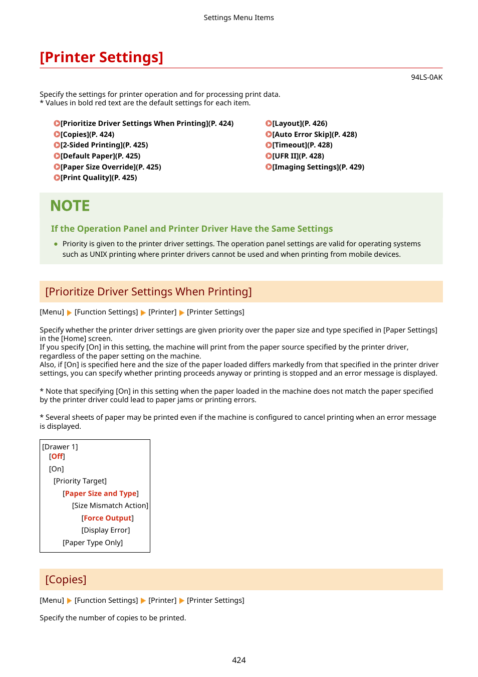 Printer settings, Prioritize driver settings when printing, Copies | Canon imageCLASS MF275dw Wireless All-In-One Monochrome Laser Printer User Manual | Page 433 / 633