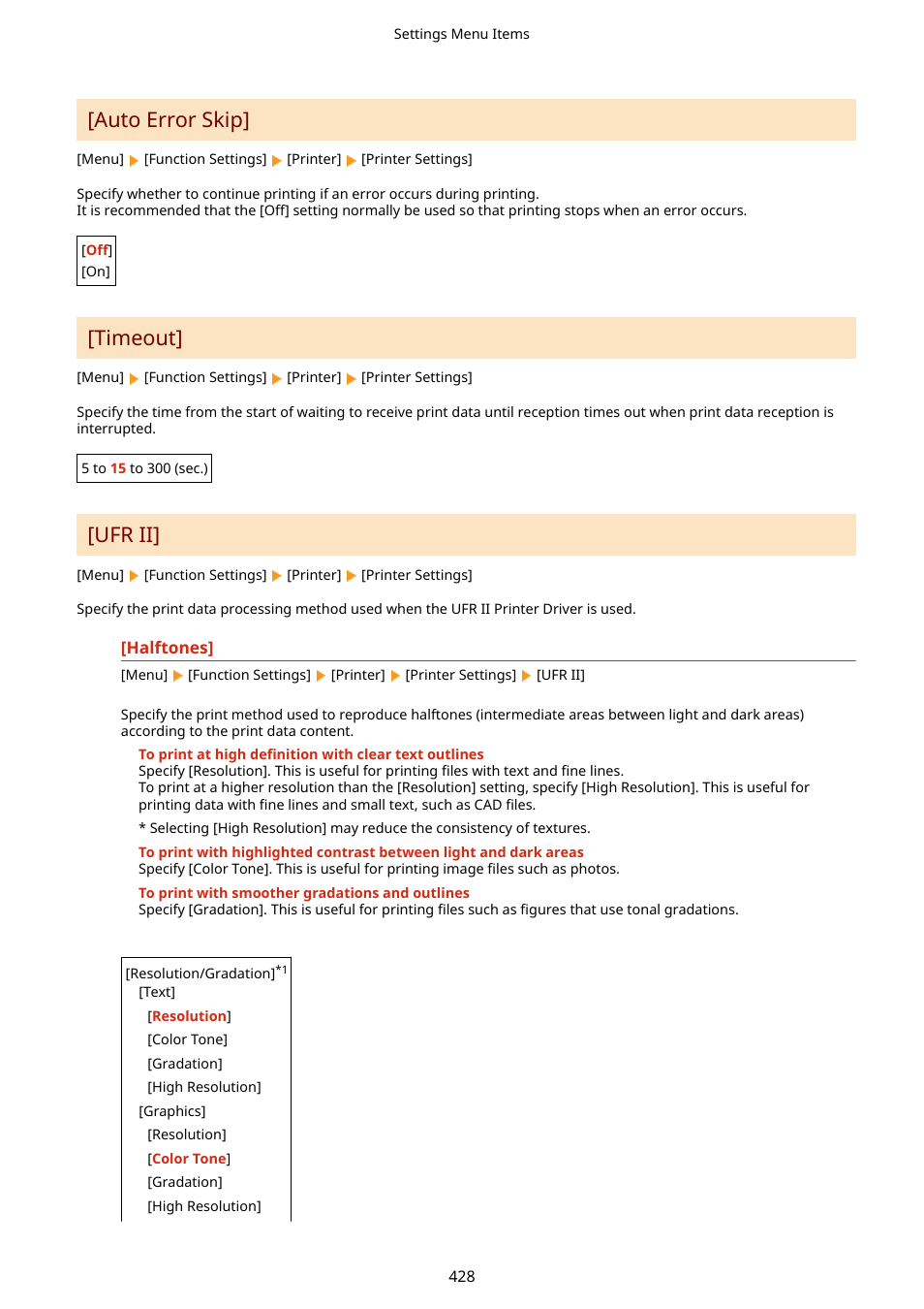 Auto error skip, Timeout, Ufr ii | Canon imageCLASS MF275dw Wireless All-In-One Monochrome Laser Printer User Manual | Page 437 / 633