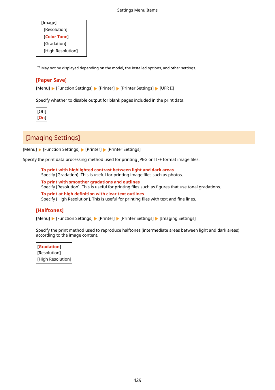 Imaging settings](p. 429), Imaging settings | Canon imageCLASS MF275dw Wireless All-In-One Monochrome Laser Printer User Manual | Page 438 / 633