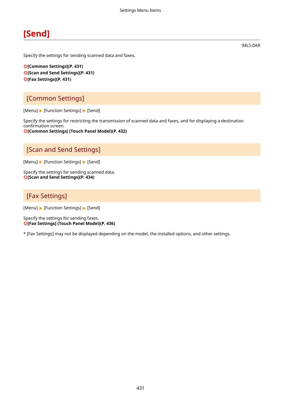 Send, Send](p. 431), Common settings | Scan and send settings, Fax settings | Canon imageCLASS MF275dw Wireless All-In-One Monochrome Laser Printer User Manual | Page 440 / 633