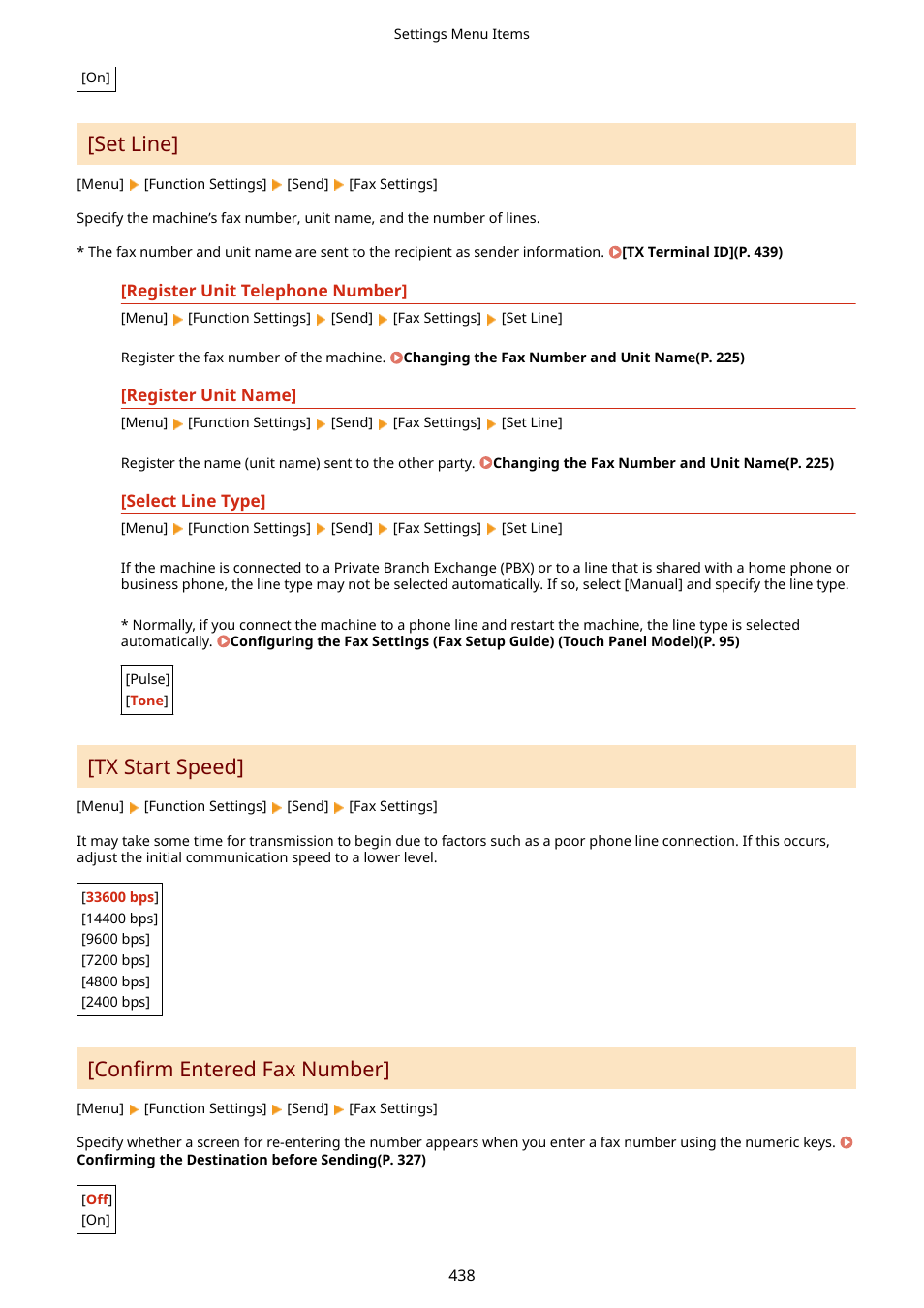 Confirm entered fax number](p. 438), Set line](p. 438) [tx start speed](p. 438), Set line | Tx start speed, Confirm entered fax number | Canon imageCLASS MF275dw Wireless All-In-One Monochrome Laser Printer User Manual | Page 447 / 633