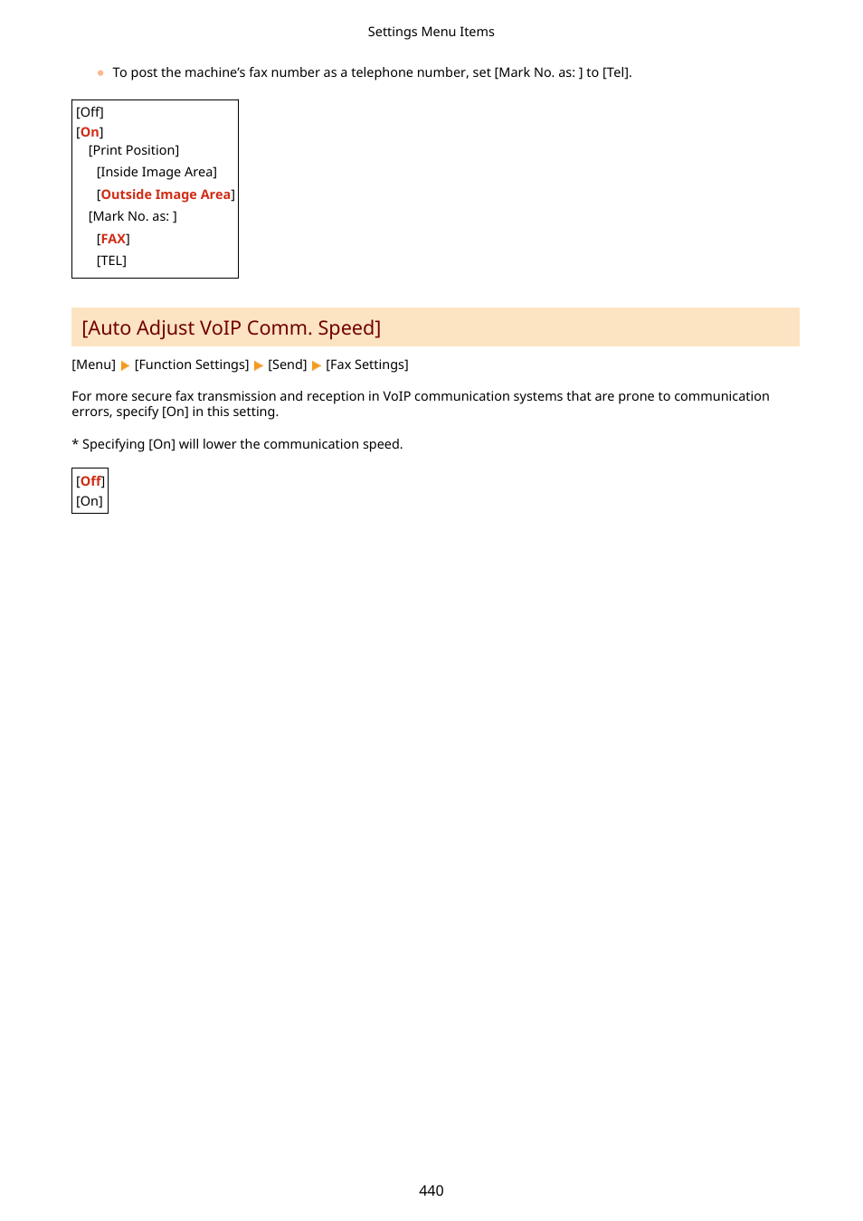 Auto adjust voip comm. speed](p. 440), Auto adjust voip comm. speed | Canon imageCLASS MF275dw Wireless All-In-One Monochrome Laser Printer User Manual | Page 449 / 633