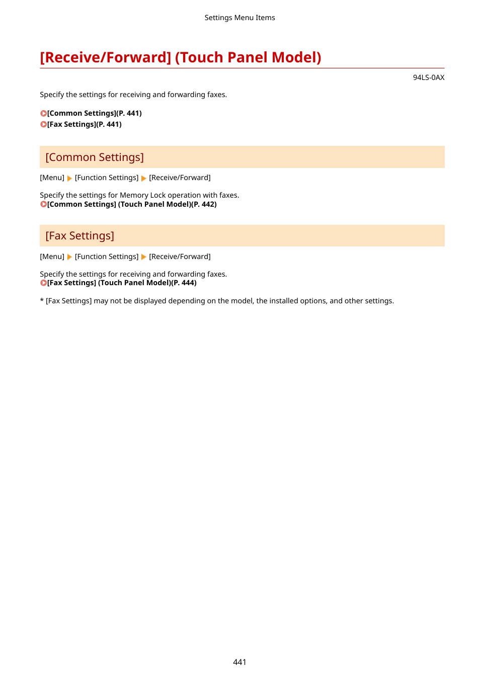 Receive/forward] (touch panel model), Receive/forward] (touch panel model)(p. 441), Common settings | Fax settings | Canon imageCLASS MF275dw Wireless All-In-One Monochrome Laser Printer User Manual | Page 450 / 633