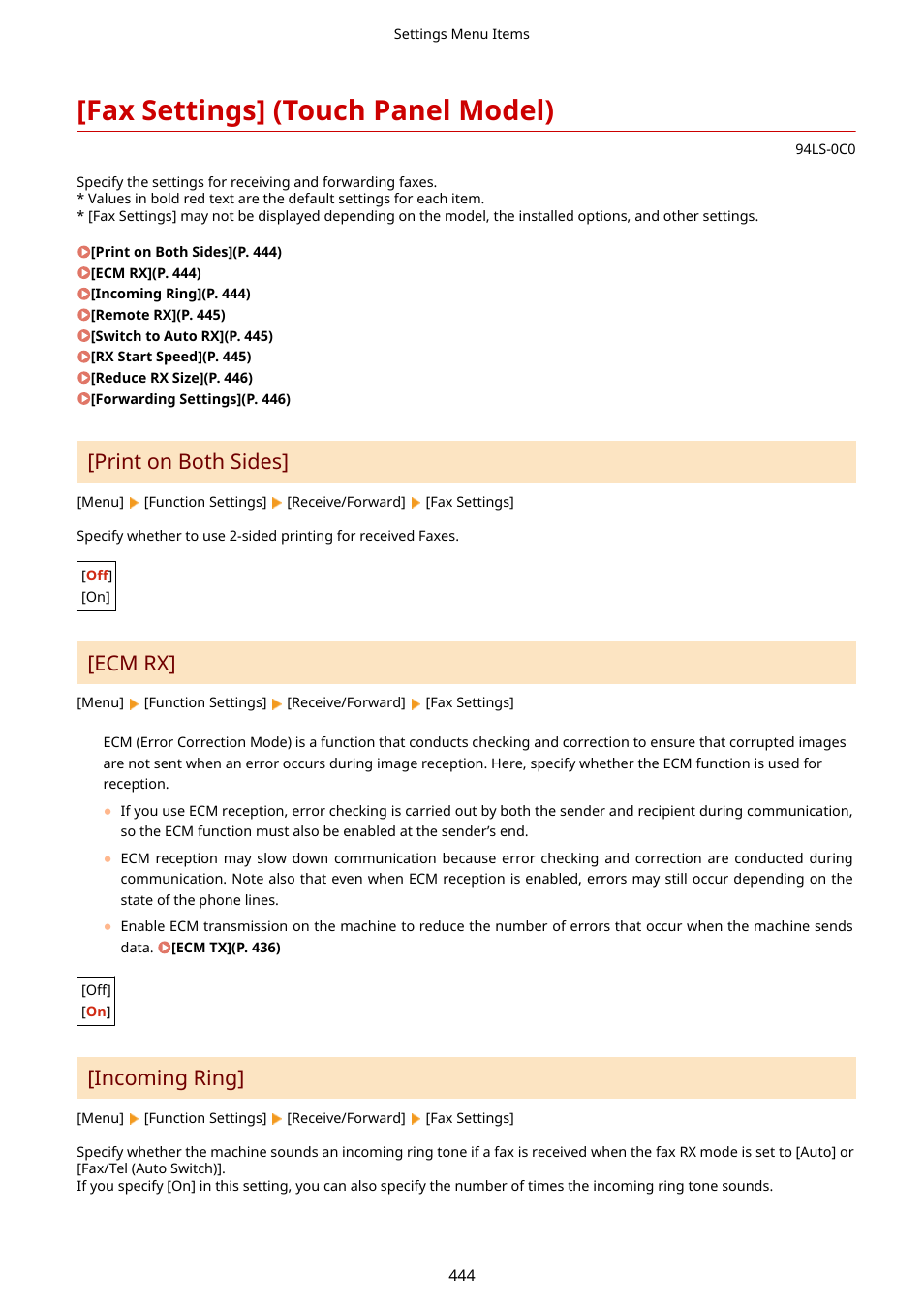 Fax settings] (touch panel model), Print on both sides](p. 444), Print on both sides | Ecm rx, Incoming ring | Canon imageCLASS MF275dw Wireless All-In-One Monochrome Laser Printer User Manual | Page 453 / 633