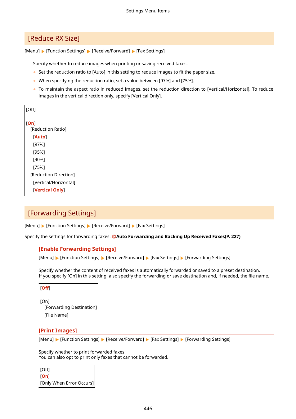 Forwarding settings](p. 446), Reduce rx size, Forwarding settings | Canon imageCLASS MF275dw Wireless All-In-One Monochrome Laser Printer User Manual | Page 455 / 633