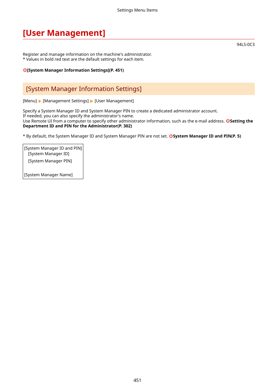 User management, User management](p. 451), System manager information settings | Canon imageCLASS MF275dw Wireless All-In-One Monochrome Laser Printer User Manual | Page 460 / 633