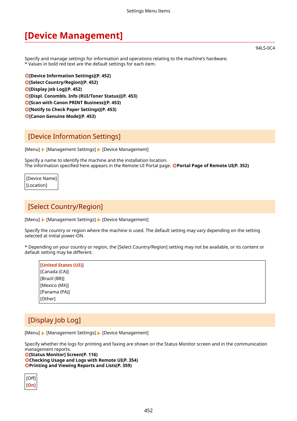 Device management, Display job log](p. 452), Device management](p. 452) | Device information settings, Select country/region, Display job log | Canon imageCLASS MF275dw Wireless All-In-One Monochrome Laser Printer User Manual | Page 461 / 633