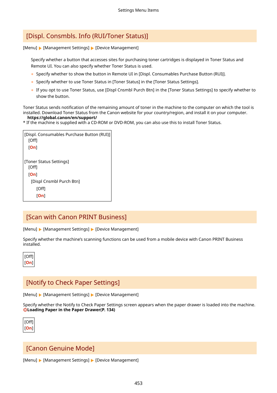 Displ. consmbls. info (rui/toner status), Scan with canon print business, Notify to check paper settings | Canon genuine mode | Canon imageCLASS MF275dw Wireless All-In-One Monochrome Laser Printer User Manual | Page 462 / 633