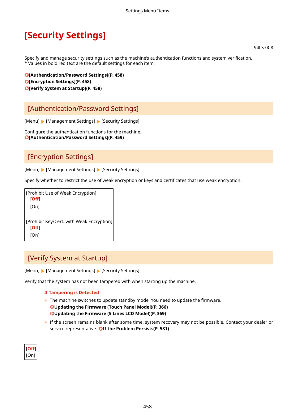 Security settings, Security settings](p. 458), Authentication/password settings | Encryption settings, Verify system at startup | Canon imageCLASS MF275dw Wireless All-In-One Monochrome Laser Printer User Manual | Page 467 / 633