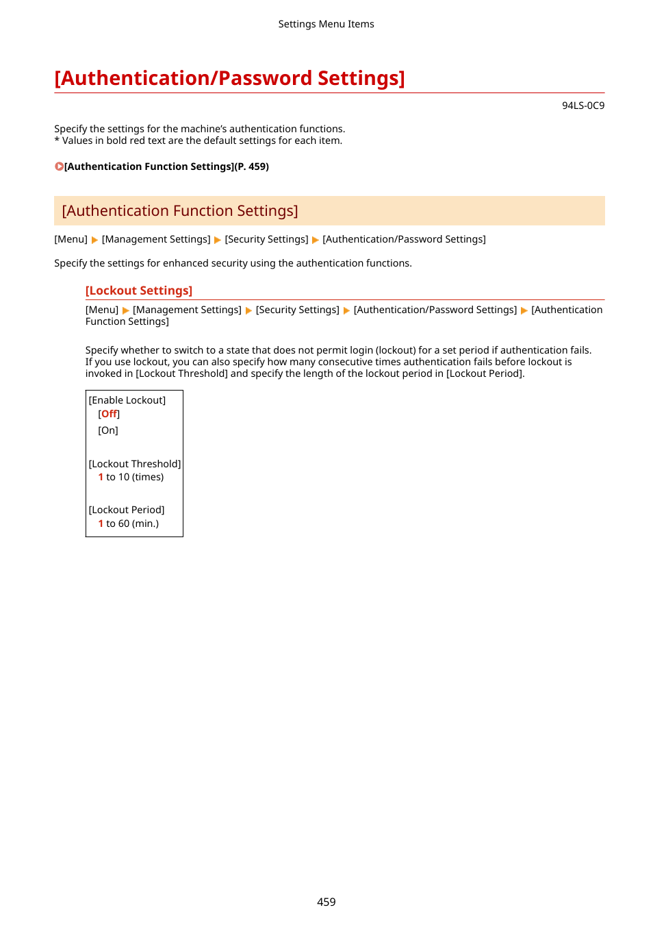 Authentication/password settings, Authentication/password settings](p. 459), Authentication function settings | Canon imageCLASS MF275dw Wireless All-In-One Monochrome Laser Printer User Manual | Page 468 / 633