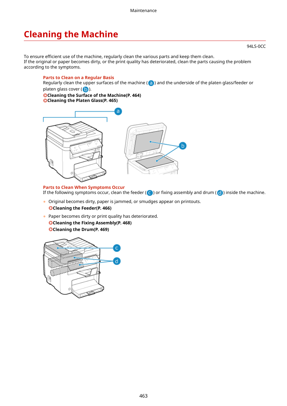 Cleaning the machine, Cleaning the machine(p. 463) | Canon imageCLASS MF275dw Wireless All-In-One Monochrome Laser Printer User Manual | Page 472 / 633