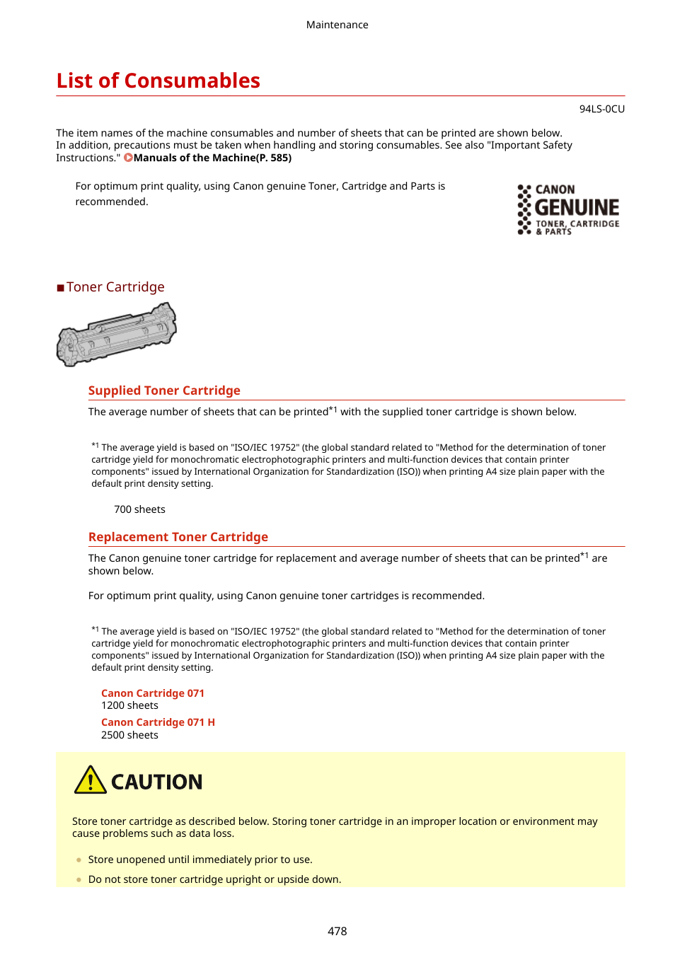 List of consumables, Toner cartridge | Canon imageCLASS MF275dw Wireless All-In-One Monochrome Laser Printer User Manual | Page 487 / 633