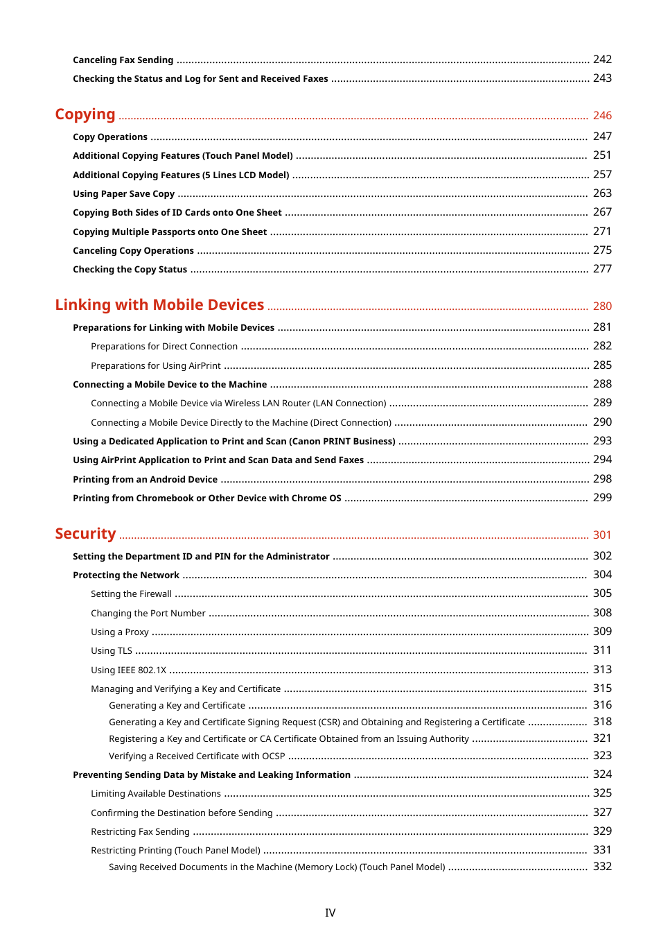 Copying, Linking with mobile devices, Security | Canon imageCLASS MF275dw Wireless All-In-One Monochrome Laser Printer User Manual | Page 5 / 633