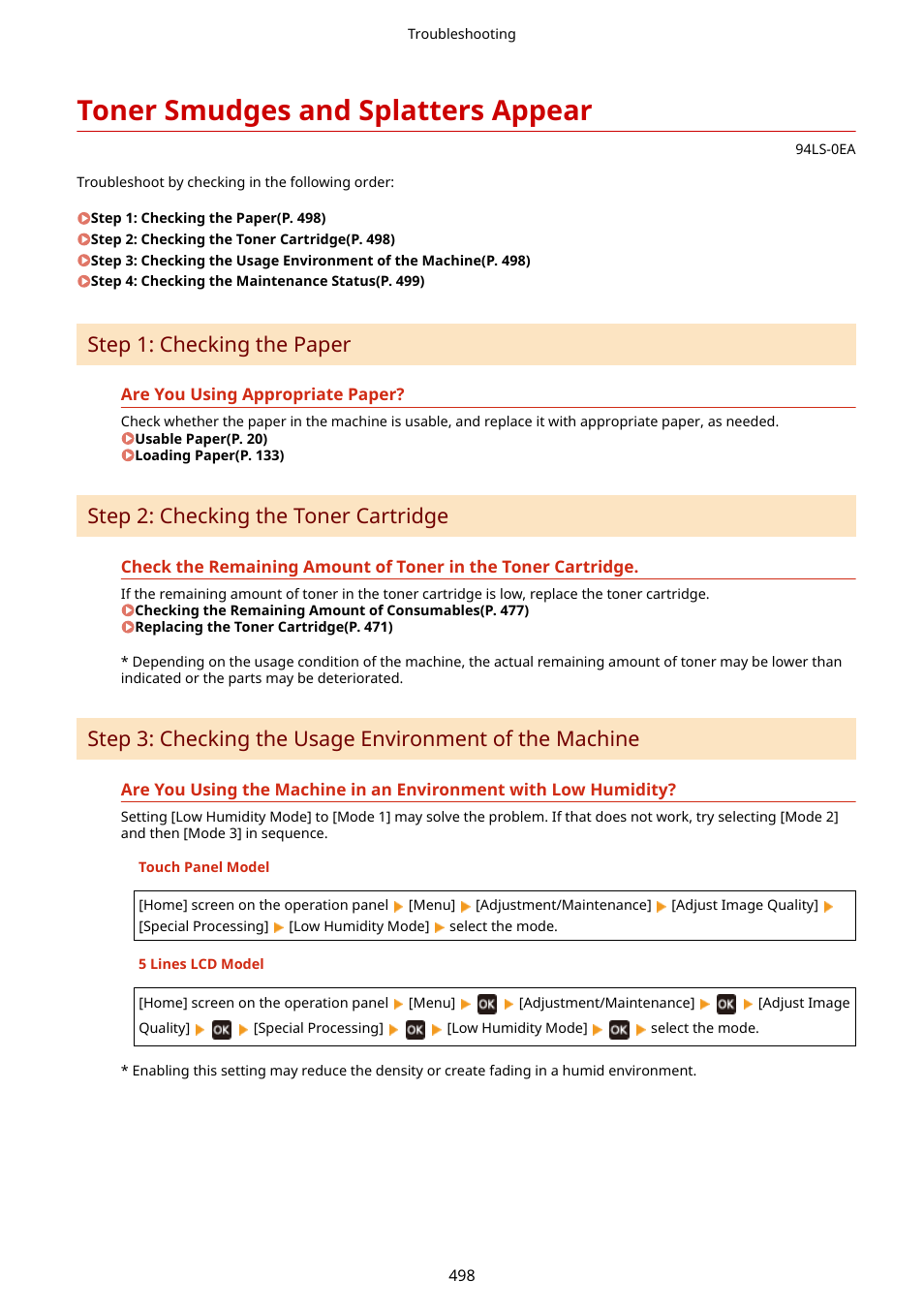 Toner smudges and splatters appear, Toner smudges and splatters, Appear(p. 498) | Step 1: checking the paper, Step 2: checking the toner cartridge | Canon imageCLASS MF275dw Wireless All-In-One Monochrome Laser Printer User Manual | Page 507 / 633