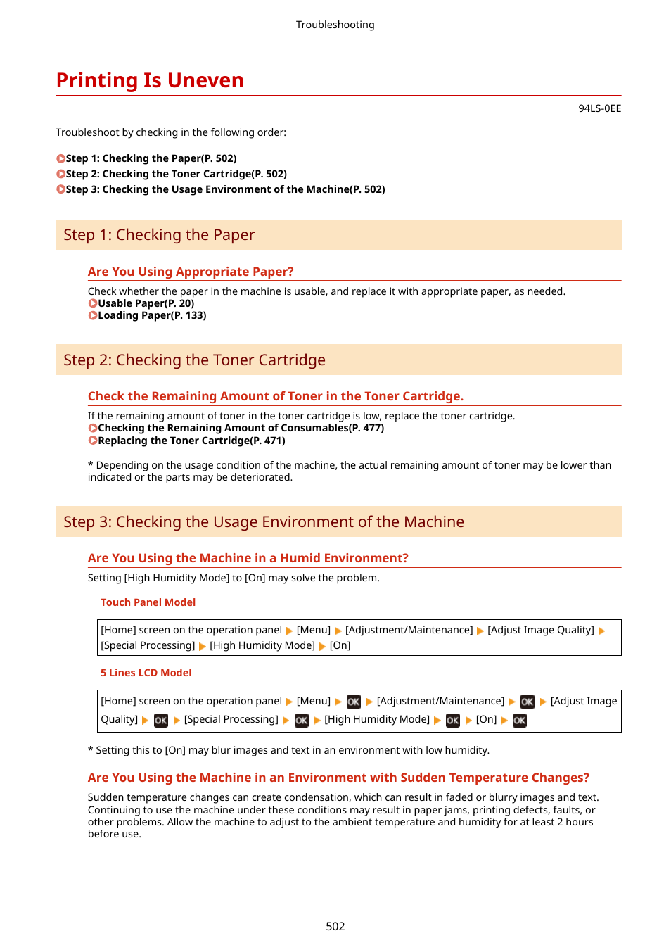 Printing is uneven, Printing is uneven(p. 502), Step 1: checking the paper | Step 2: checking the toner cartridge | Canon imageCLASS MF275dw Wireless All-In-One Monochrome Laser Printer User Manual | Page 511 / 633