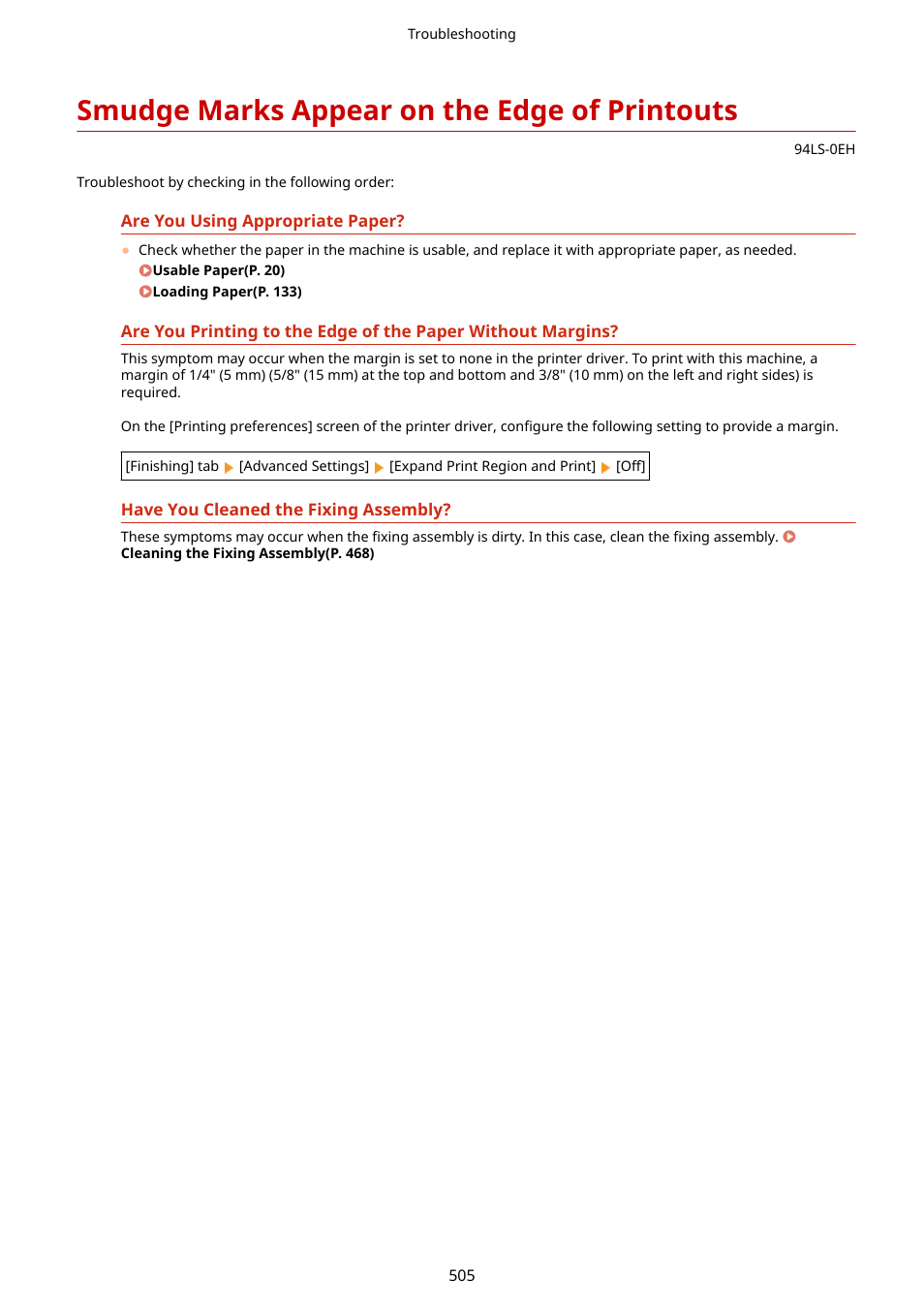 Smudge marks appear on the edge of printouts, Smudge marks appear on the, Edge of printouts(p. 505) | Canon imageCLASS MF275dw Wireless All-In-One Monochrome Laser Printer User Manual | Page 514 / 633