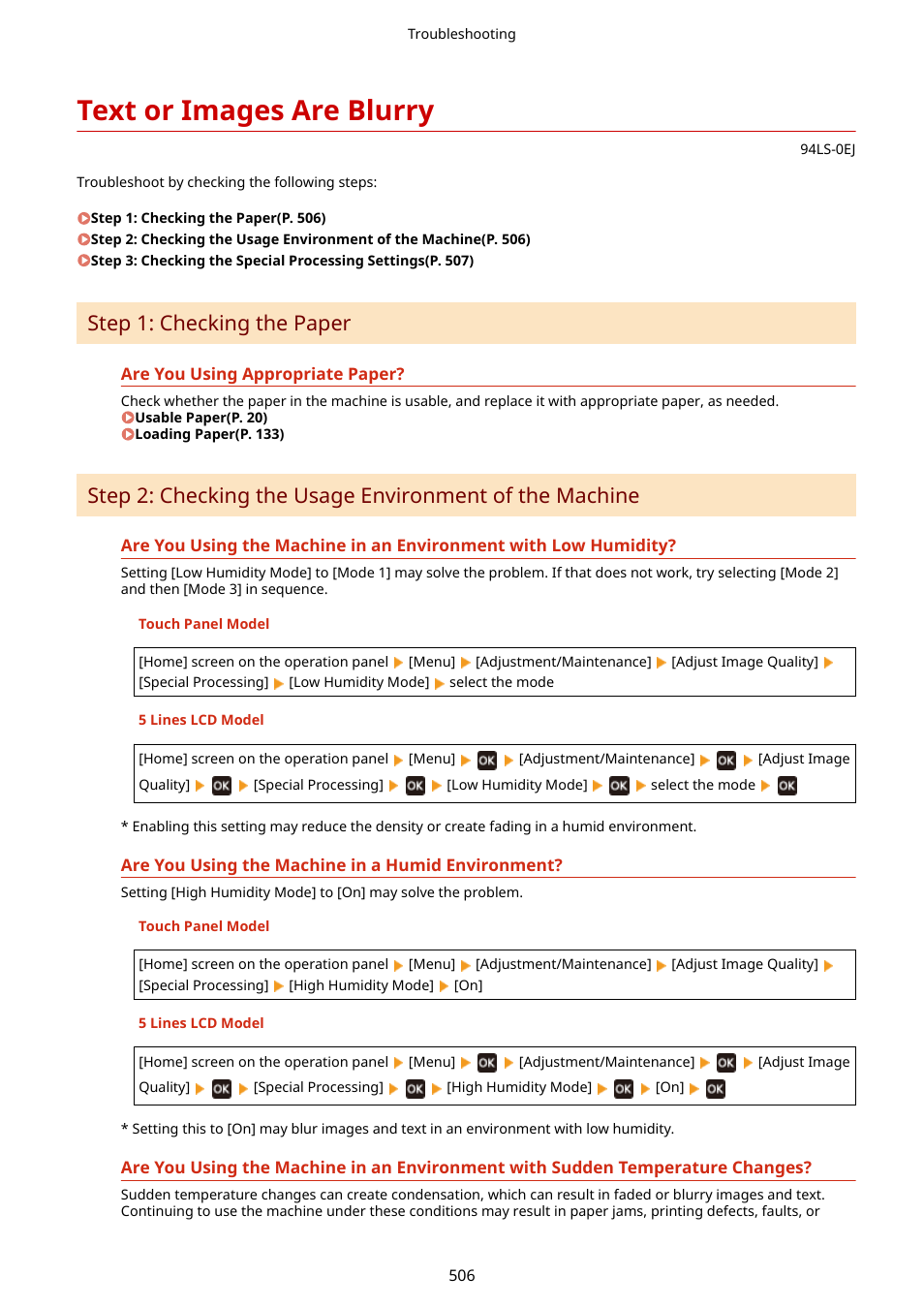 Text or images are blurry, Text or images are, Blurry(p. 506) | Step 1: checking the paper | Canon imageCLASS MF275dw Wireless All-In-One Monochrome Laser Printer User Manual | Page 515 / 633