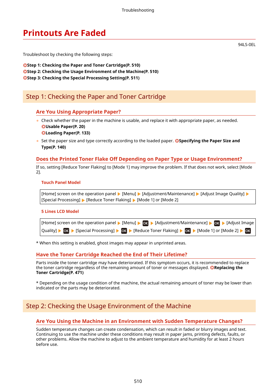 Printouts are faded, Printouts are faded(p. 510), Step 1: checking the paper and toner cartridge | Canon imageCLASS MF275dw Wireless All-In-One Monochrome Laser Printer User Manual | Page 519 / 633