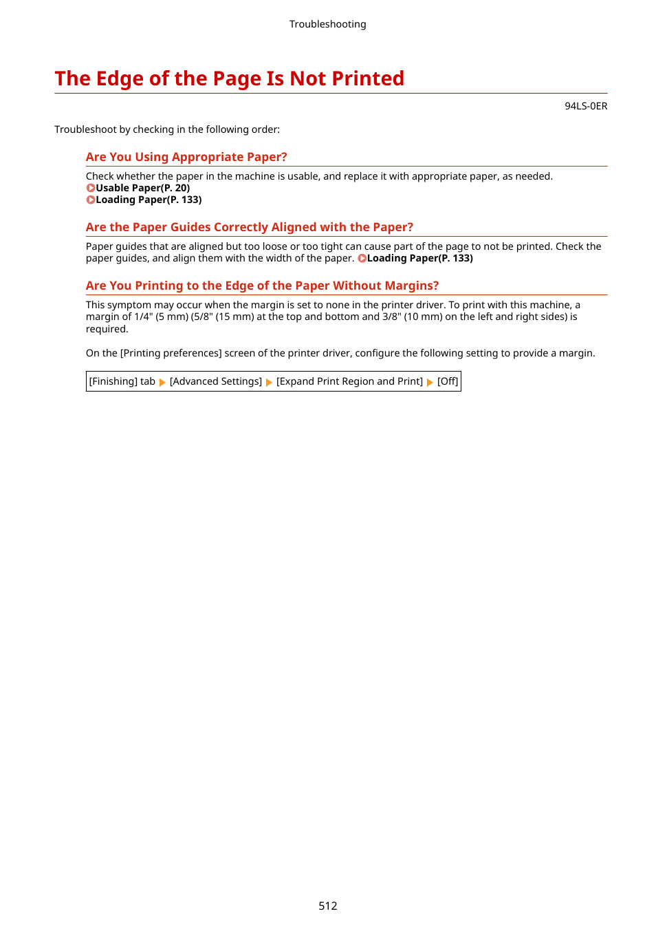 Printed(p. 512), The edge of the page is not printed | Canon imageCLASS MF275dw Wireless All-In-One Monochrome Laser Printer User Manual | Page 521 / 633