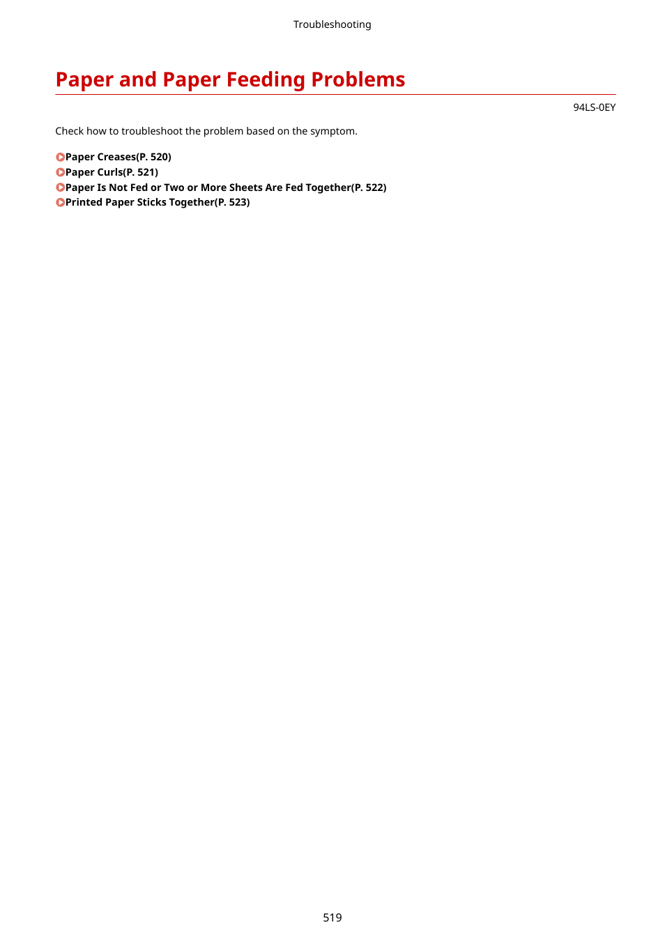 Paper and paper feeding problems, Paper and paper feeding problems(p. 519) | Canon imageCLASS MF275dw Wireless All-In-One Monochrome Laser Printer User Manual | Page 528 / 633